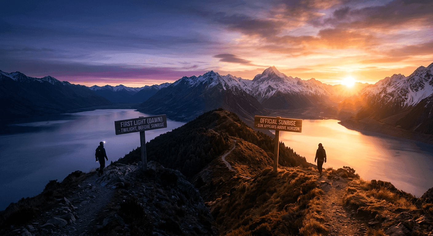 The difference between official sunrise and the first light of dawn