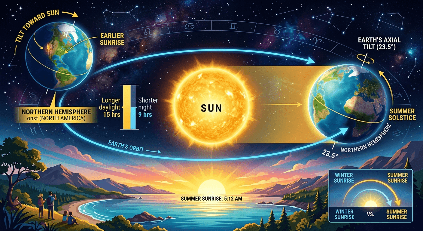 Understanding how the Earth's orbit creates earlier sunrises in summer