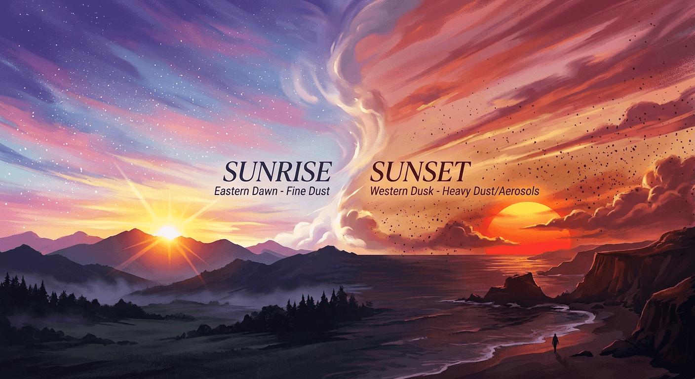 Why atmospheric dust creates different color palettes at sunrise versus sunset